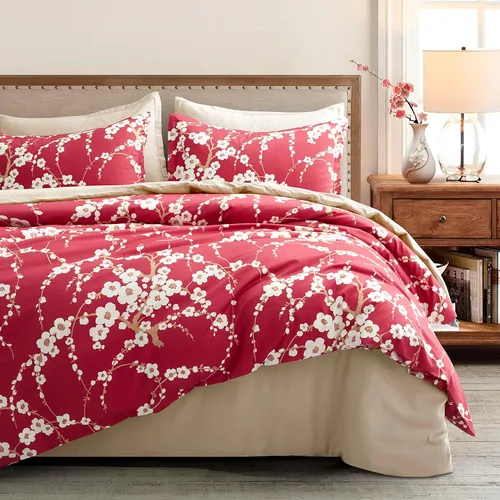 Vista 9 de Eikei Juego de 3 piezas de ropa de cama de algodón de 3 piezas con estampado de ramas florales de cerezo rojo cerezo estilo oriental japonés