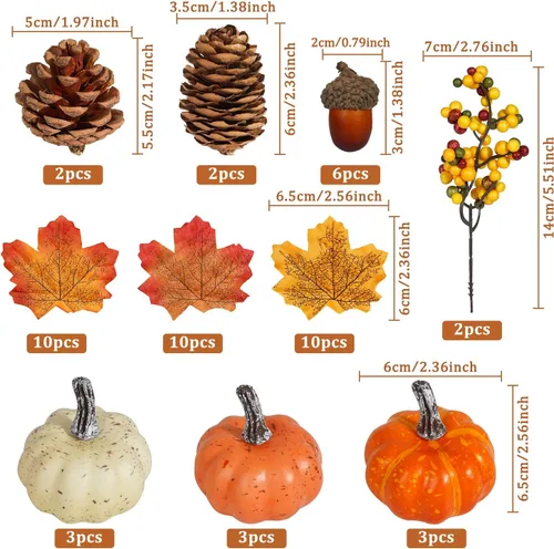 Vista 2 de Artmag - 51 piezas de calabazas artificiales, decoración de cosecha de otoño con bellotas, piñas, bayas, hojas de arce para decoración otoñal