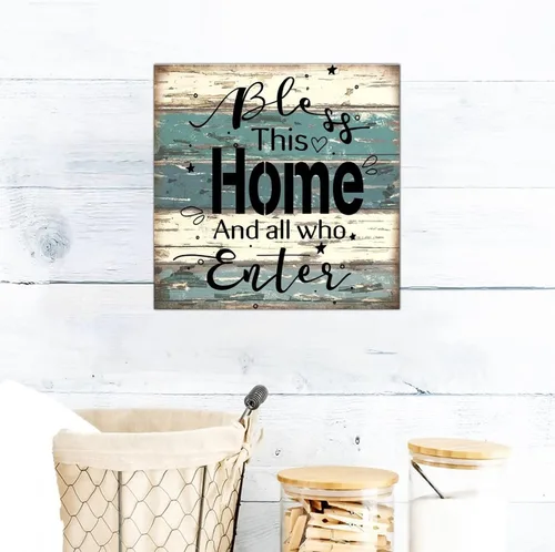 Vista 2 de SILYHEART Bless This Home and All Who Enter Wood Framed Sign Wood Wall Art Rustic Family Phrase Home Family Wall Decoration for Home Front Door