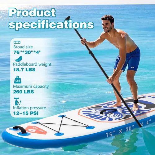 Vista 10 de Tabla de remo inflable con accesorios de SUP de primera calidad – Mochila, paleta ajustable, cubierta antideslizante, bomba de mano, correa, aletas