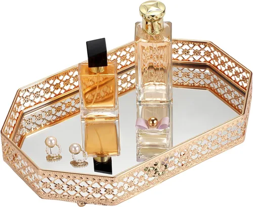Vista 11 de Hipiwe Mirror Glass Vanity Tray - Gold Ornate Makeup Organizer Perfume Tray