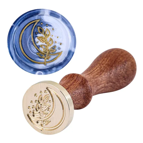 Vista 3 de Yoption Sello de sello de cera de hoja con luna, sello botánico vintage para invitaciones de boda, sobres de embalaje de regalo Una luna con hoja