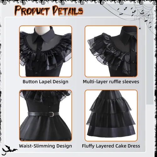 Vista 5 de Wednesday Addams Dress for Kids Girls,Addams Family Costumes Halloween Cosplay Party Dress