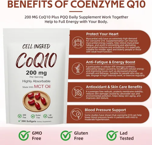Vista 5 de CQ10, 200 mg por porción, 300 cápsulas blandas con aceite de coco MCT, ubiquinona altamente absorbible forma de CoQ10, soporte antioxidante