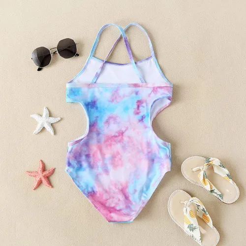 Vista 2 de Bolsa de traje de baño de verano para niñas pequeñas, sin mangas, colorido, teñido anudado, estilo festivo, traje de baño bikini (azul, 6-7 años)