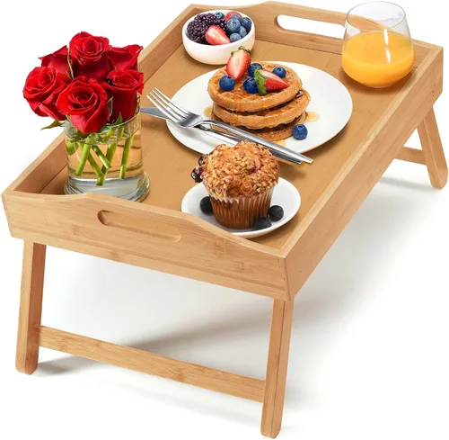 Vista 6 de Bandeja de cama Home-it con patas plegables, bandeja para desayuno de bambú con patas para desayuno
