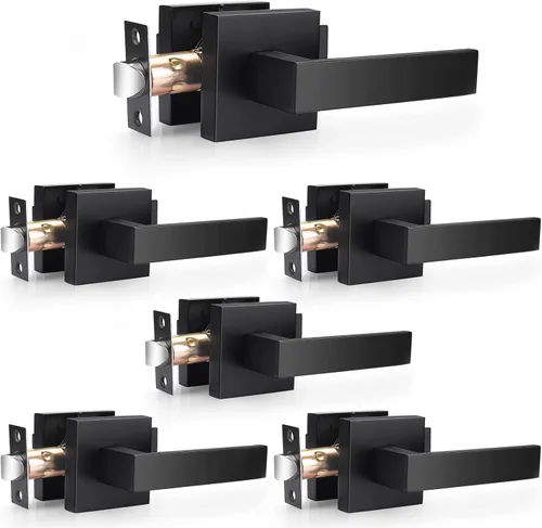 Vista 6 de Probrico Juego de manijas cuadradas para puerta de paso, color negro mate, para pasillo y armario, juego de manijas interiores resistentes sin