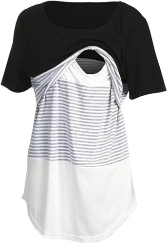 Vista 2 de Camiseta de maternidad para mujer, cómoda, de manga corta, raglán, para lactancia, a rayas, de algodón, cuello redondo, túnica
