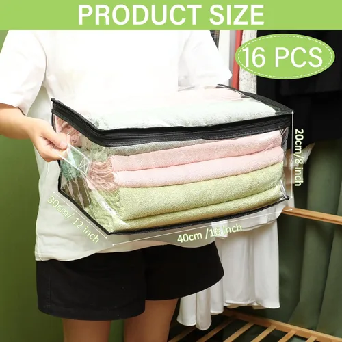 Vista 2 de Windyun Paquete de 16 bolsas de almacenamiento transparentes con cremallera y asa para ropa, manta de plástico resistente, bolsas de mudanza