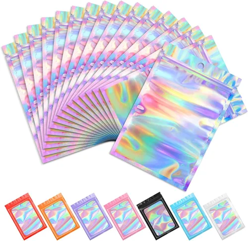 Vista 35 de Funfery 100 bolsas holográficas de Mylar naranja, cremallera resellable