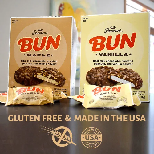 Vista 4 de Pearson 's Maple BUN Cluster Bar Cacahuetes tostados, chocolate con leche real y turrón de arce Paquete de 24 Envuelto individualmente