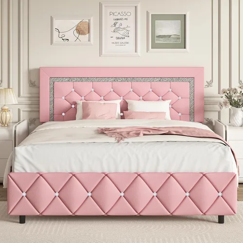 Vista 23 de BarnFurin Base de cama individual con cabecero, cama tapizada con diseño capitonado de diamante, marco de cama para niños con soporte de listones
