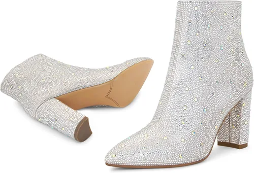 Vista 6 de SOVANYOU Botas de diamantes de imitación brillantes para mujer, botines de tacón alto grueso con cremallera lateral