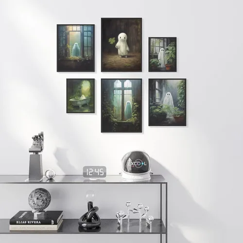 Vista 4 de Dizfen 6 piezas de lienzo divertido de fantasma, arte de pared, póster vintage de Halloween, lindo fantasma, pintura de fantasma, imágenes