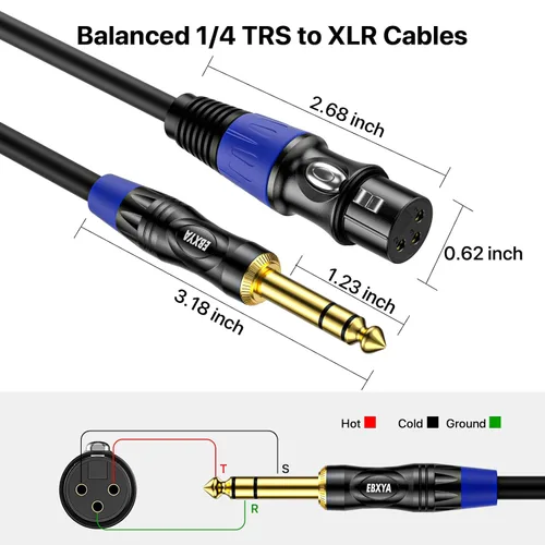 Vista 6 de EBXYA Cable XLR equilibrado hembra a TRS, cable de micrófono de 1/4 pulgadas, cable de audio para instrumento de 3 pies, paquete de 2 para micrófono