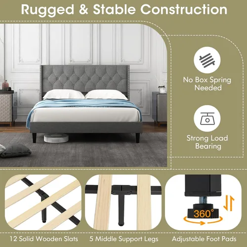 Vista 7 de Giantex Base de cama tapizada de tela de lino de tamaño matrimonial, marco de cama moderno con cabecera capitoné con botones, base de colchón
