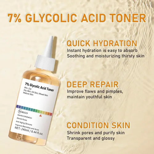 Vista 4 de Tónico exfoliante de ácido glicólico al 7%, tónico facial exfoliante, tóner minimizador de poros, piel suave, tono uniforme, fórmula hidratante