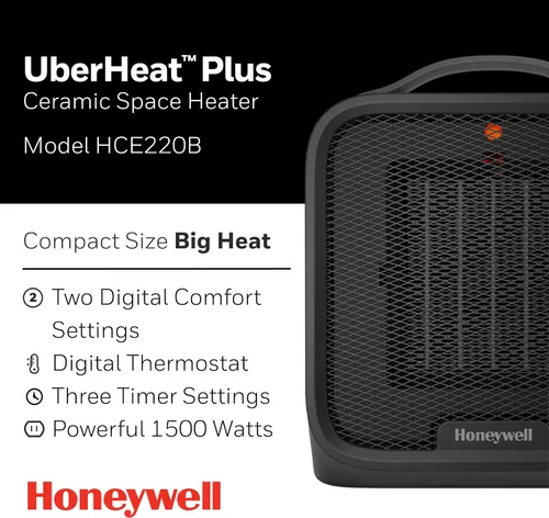 Vista 2 de Calentador de espacio de cerámica Honeywell UberHeat Plus para habitaciones pequeñas, silencioso, compacto calentador personal con configuraciones