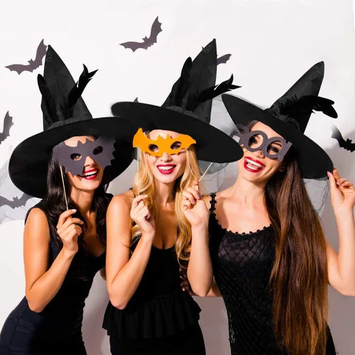 Vista 5 de Sombrero de bruja negro de Halloween con flor de rosa negra y plumas gorra de bruja de Halloween accesorio para adultos y mujeres fiesta de Halloween