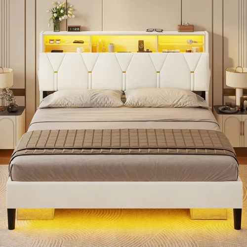 Vista 3 de HAUOMS - Base de cama de tamaño matrimonial con cabecera de almacenamiento y luces LED RGB, color crema