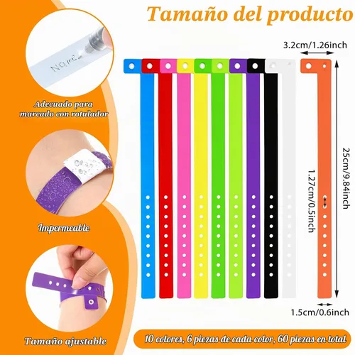 Vista 2 de 60 pulseras de vinilo en 10 colores, pulseras de plástico para eventos, pulseras de plástico neón, pulsera de colores para eventos, conciertos