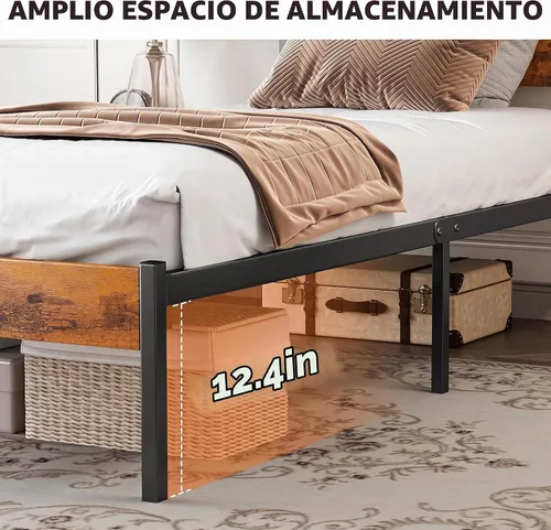 Vista 4 de Sweetcrispy Base de cama individual de madera resistente con cabecero, base de colchón resistente de 500 libras, plataforma de soporte de metal