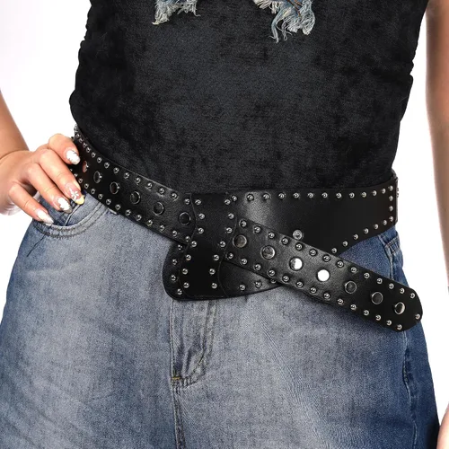 Vista 2 de Manfnee Cinturón de cuero de moda para mujer, cinturón de cuero con tachuelas, cinturones para mujer, para jeans, vestido punk, cinturón