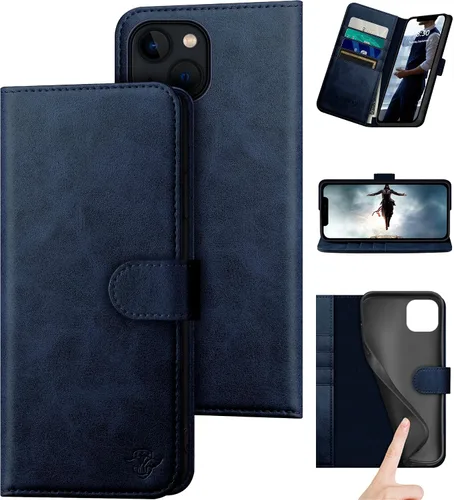 Vista 13 de DuckSky Funda tipo cartera de piel auténtica para iPhone 14 de 6.1 pulgadas con bloqueo RFID, 4 tarjeteros de crédito. Cuero auténtico. Funda