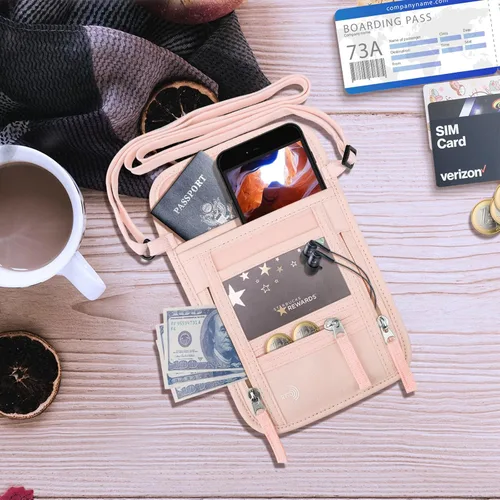 Vista 7 de WALNEW Cartera de viaje para pasaporte para mujeres y hombres, bloqueo RFID, cartera delgada de viaje con correa de cordón para el cuello