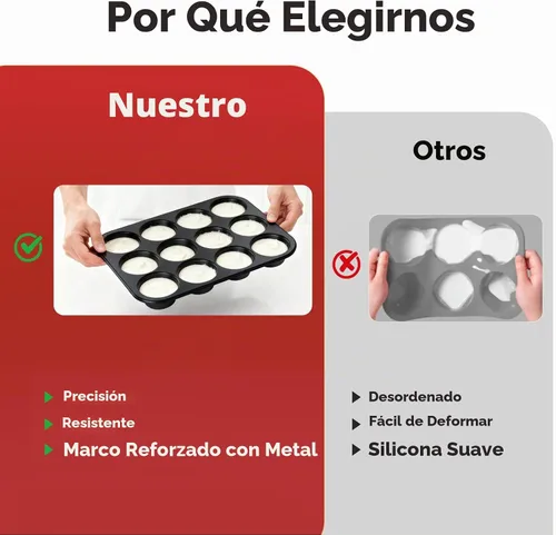 Vista 3 de Molde de silicona para muffins para hornear: Molde para muffins de 12 cavidades con marco reforzado de metal, moldes de tamaño regular para cupcakes