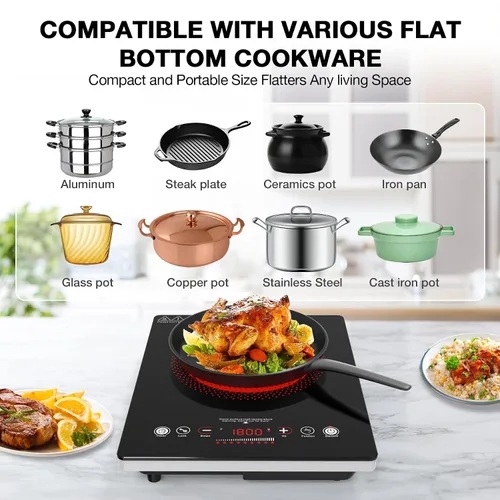 Vista 5 de VBGK - Cocina eléctrica de un solo quemador, estufa eléctrica de 110 V y 1800 W con control táctil LED, quemador eléctrico único de 9 niveles