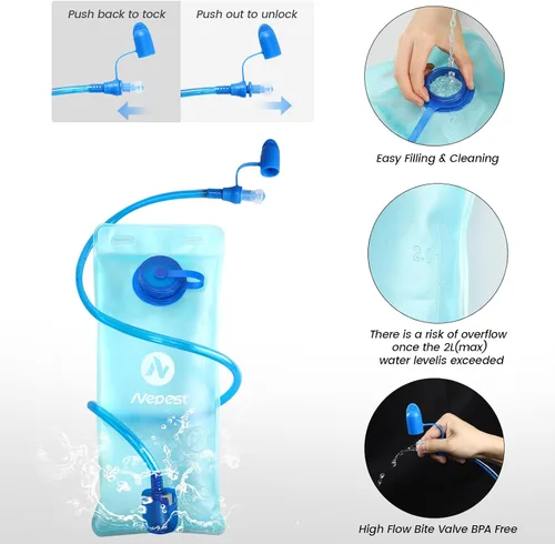 Vista 5 de Nepest Mochila de hidratación con bolsa de agua de 2 L para ciclismo, mochila de agua para senderismo, correr, mochila de hidratación ligera 2L