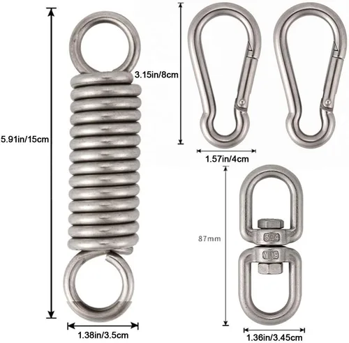Vista 2 de Muelle para silla de hamaca, kit para colgar sillas de hamaca, ganchos de hamaca, acero inoxidable resistente con 2 mosquetones de gancho de resorte