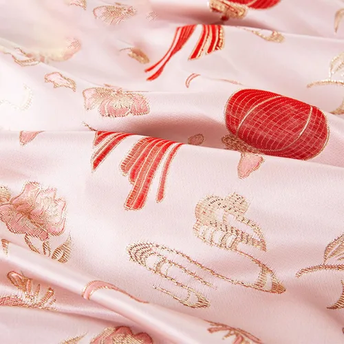 Vista 2 de BAWHO Besutiful Dyeing Jacquard Silk Satin Fabric Inelastic Cheongsam Style Pink Festive Red Lantern Pattern Golden Line Edge Cloth for Tang Suit