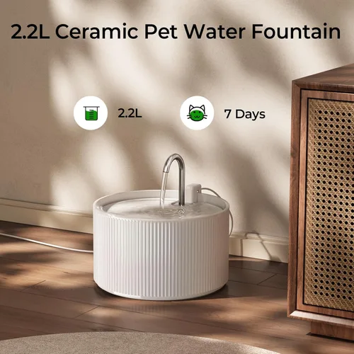 Vista 7 de Voluas Fuente de agua de cerámica para gatos: fuentes para gatos de 2.2L/74 oz para beber, dispensador automático de agua para mascotas con bomba