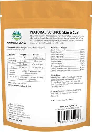Vista 2 de Oxbow Suplemento de ciencia natural para piel y pelaje, alto en fibra, aceite de palma, ácidos grasos Omega 3 y 6 para animales pequeños, 4.2 onzas