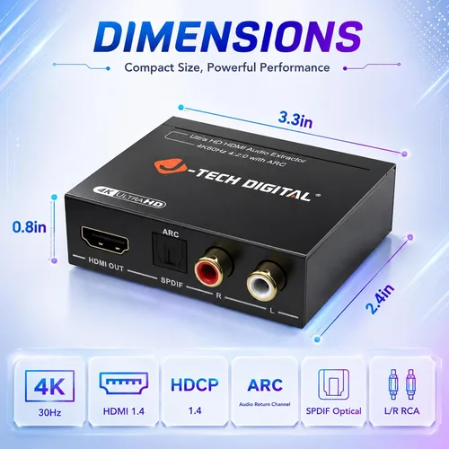 Vista 5 de J-Tech - Convertidor de extractor de audio HDMI digital 4K 60Hz con óptica SPDIF, 3 modos de audio EDID, paso HDCP y soporte de sistema AV heredado