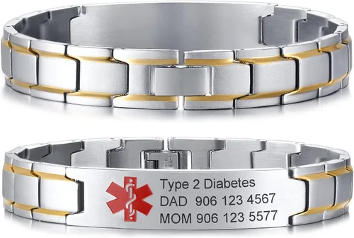 Vista 12 de VNOX Pulsera ajustable de acero inoxidable cepillado de 2 tonos con grabado personalizado gratis, identificación de alerta médica, unisex