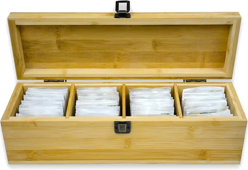 Vista 5 de Caja Organizadora de Té de Bambú Libre de Químicos Ecológica Grande, Alta, Compartimentos Ajustables Cofre de Almacenamiento de Madera Natural