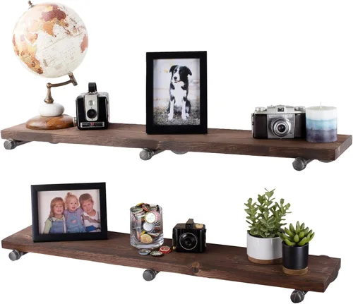 Vista 10 de Pipe DÉCOR - Estantería de madera de abeto Douglas de alta calidad, 24 pulgadas de largo, juego de 2 tablas y 4 soportes rectos, acabado marrón