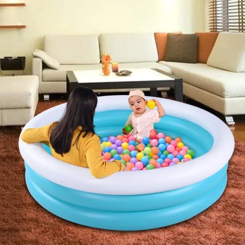 Vista 5 de Piscina inflable para niños, piscina de barandilla de 60 x 16 pulgadas de grosor para niños, piscina inflable azul y blanca para juegos de fiesta