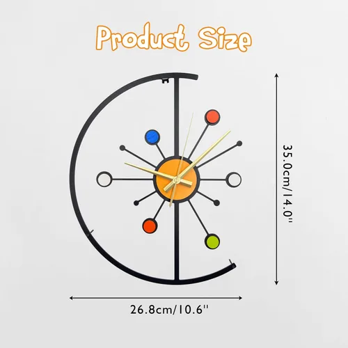 Vista 2 de Reloj de pared de metal único de 14 pulgadas, moderno reloj de mediados de siglo con mecanismo silencioso, reloj decorativo colorido para sala