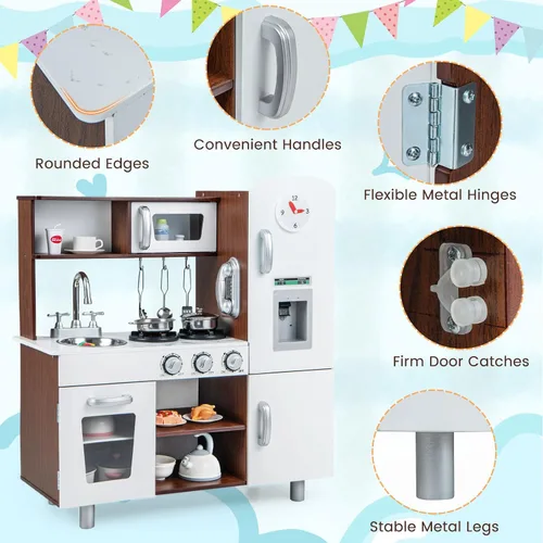 Vista 8 de HONEY JOY Juego de cocina para niños, cocina de madera para niños pequeños, utensilios de cocina, teléfono, reloj, dispensador de agua, gabinete