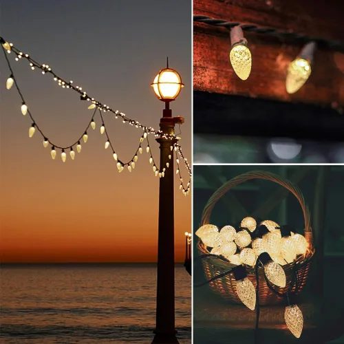 Vista 5 de Paquete de 50 luces LED C9 de Navidad, inastillables, impermeables, cálidas, 2700 K, plástico Cálido paquete de 50