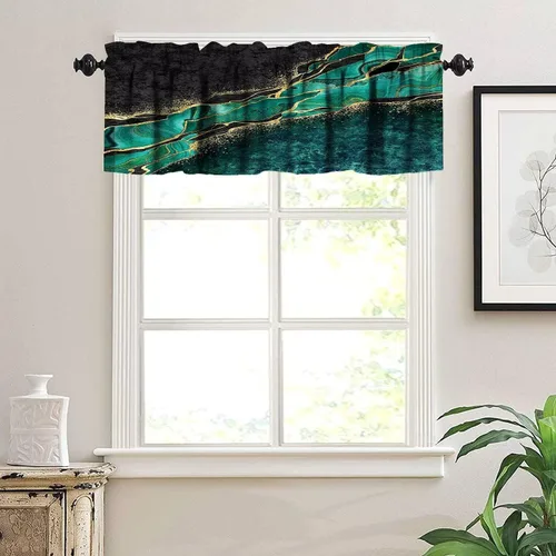 Vista 3 de Cortina de cenefa de mármol verde con venas doradas de mármol negro, diseño abstracto de lujo, elegante cenefa con bolsillo para barra, 1 panel