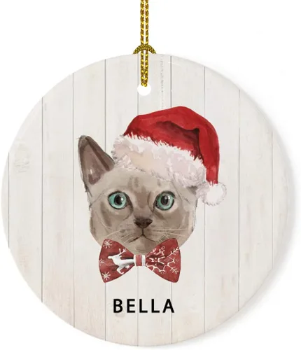 Vista 11 de Andaz Press Adorno redondo personalizado de cerámica para árbol de Navidad, abisinio, corona de acebo, sombrero de Papá Noel, con gráfico de gato