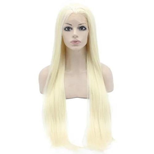 Vista 10 de Mxangel - Peluca de cabello sintético largo y lacio con encaje frontal, color negro, natural atado a mano, resistente al calor