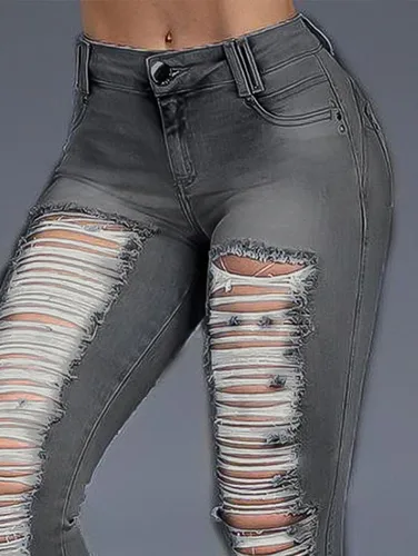 Vista 4 de Flamingals Jeans ajustados de tiro medio para mujer, elásticos, rasgados, con levantamiento de glúteos, desgastados, sexy, jeggings de mezclilla