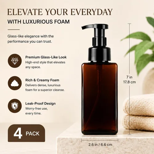 Vista 2 de Foaming Soap Dispenser 4 Pack, 15oz/450ml Brown Foam Soap Pump Bottles, Refillable Bathroom Soap Dispenser with Rich Foam Pump for Kitchen Sink
