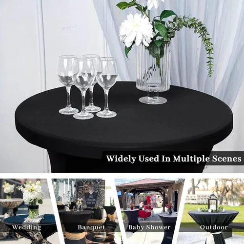 Vista 6 de Fixwal Mantel de cóctel, fundas para mesa de bar, paquete de 2 manteles redondos de 32 x 43 pulgadas, color negro, mantel elástico de elastano
